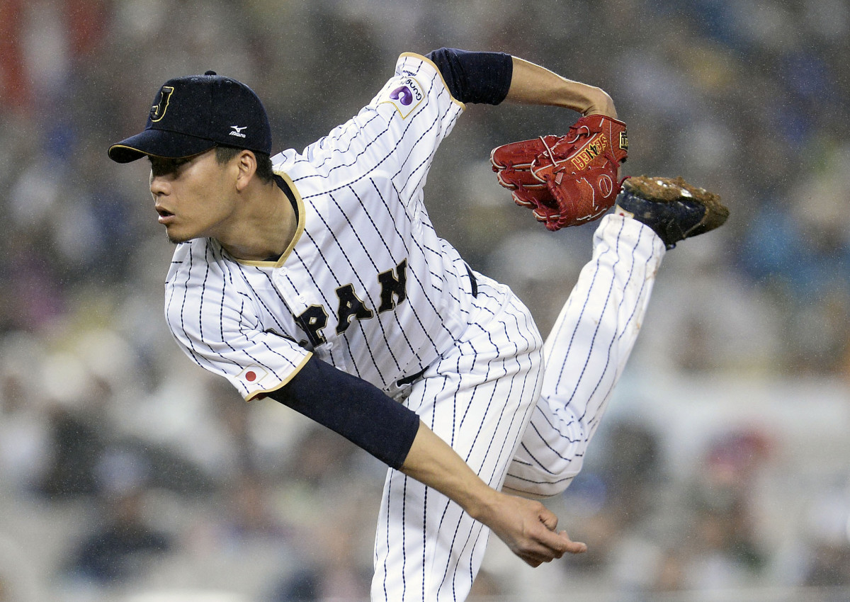 Japan pitcher Kodai Senga pitches in the eighth inning against USA during the 2017 World Baseball Classic at Dodger Stadium.