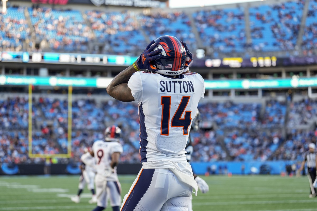 Denver Broncos wide receiver Courtland Sutton (14) reacts to dropping a pass in the end zone during the second half against the Carolina Panthers at Bank of America Stadium.