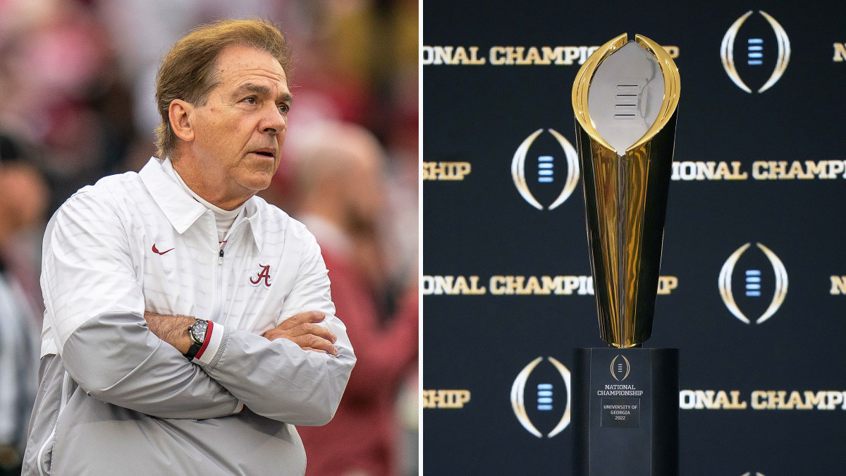 Nick Saban crosses his arms; side-by-side is the College Football Playoff trophy