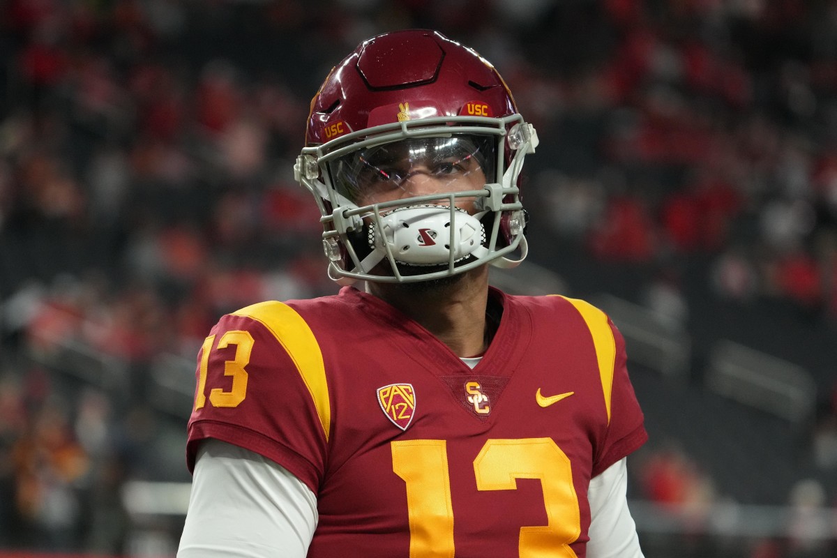 A detailed view of the fingernails of Southern California Trojans quarterback Caleb Williams reacts during the Pac-12 Championship at Allegiant Stadium.