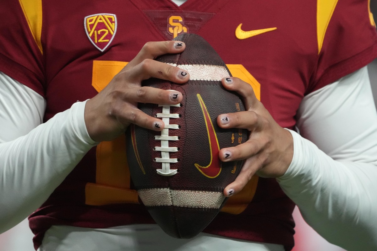 Editor s Note: Vulgar Language. A detailed view of the fingernails of Southern California Trojans quarterback Caleb Williams during the Pac-12 Championship at Allegiant Stadium.