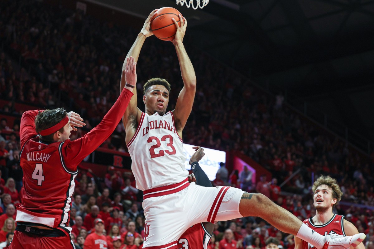 Indiana Hoosiers forward Trayce Jackson-Davis (23) rebounds during the first half against Rutgers Scarlet Knights guard Paul Mulcahy (4) at Jersey Mike's Arena.