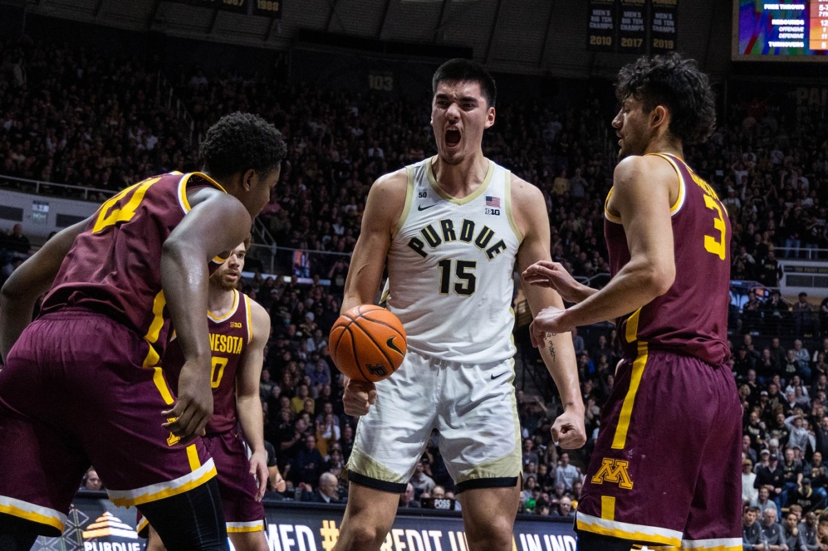 Dec 4, 2022; West Lafayette, Indiana, USA; Purdue Boilermakers center Zach Edey (15) reacts to a slam dunk in the second half against the Minnesota Golden Gophers at Mackey Arena.