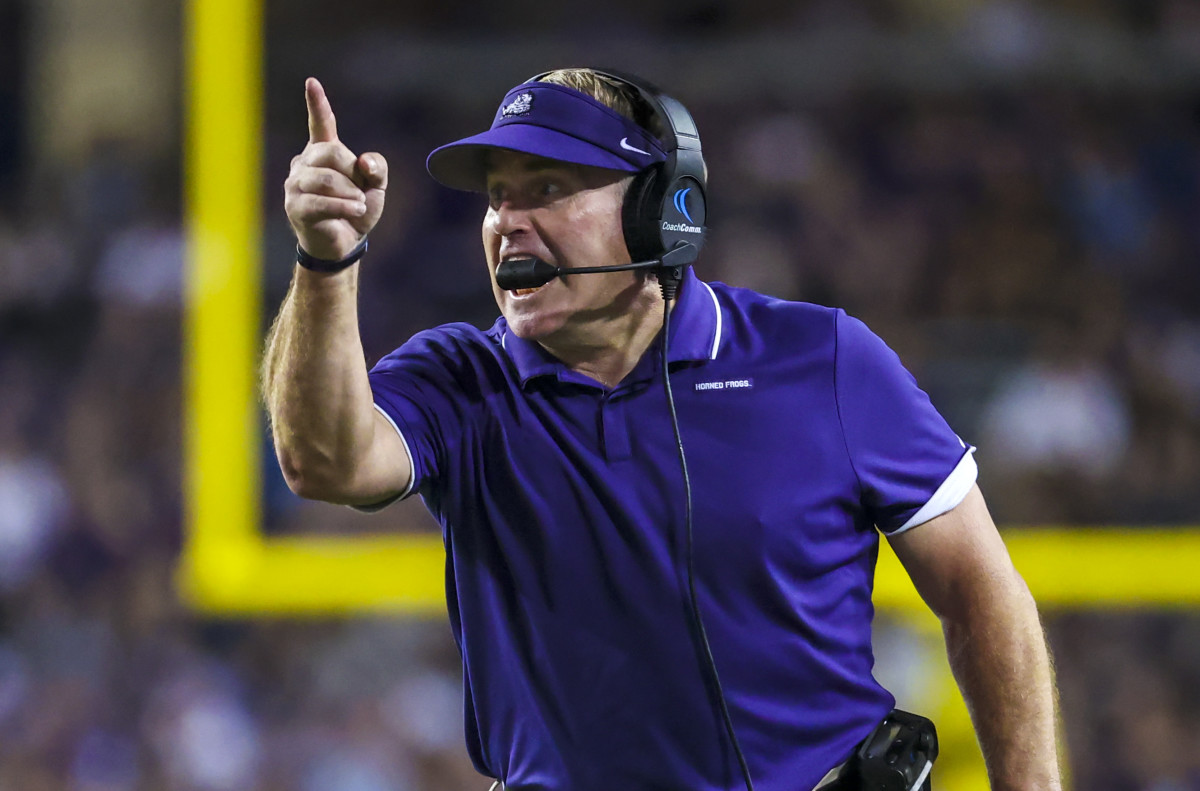 Fort Worth, Texas, USA; TCU Horned Frogs head coach Gary Patterson reacts during the first half against the West Virginia Mountaineers at Amon G. Carter Stadium.