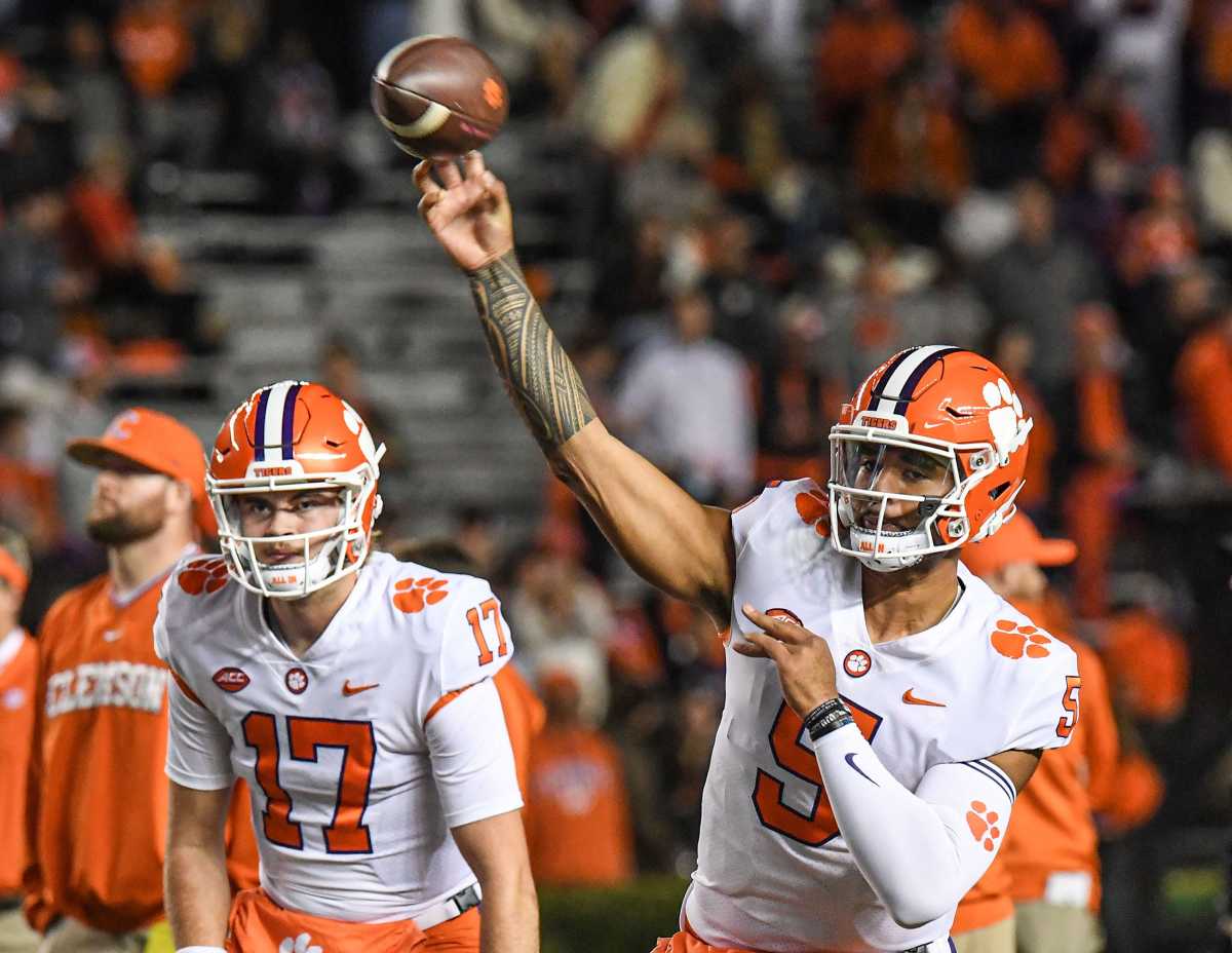 Clemson quarterback D.J. Uiagalelei (5) warms up before the game at Williams Brice Stadium in Columbia, South Carolina Saturday, November 27, 2021.