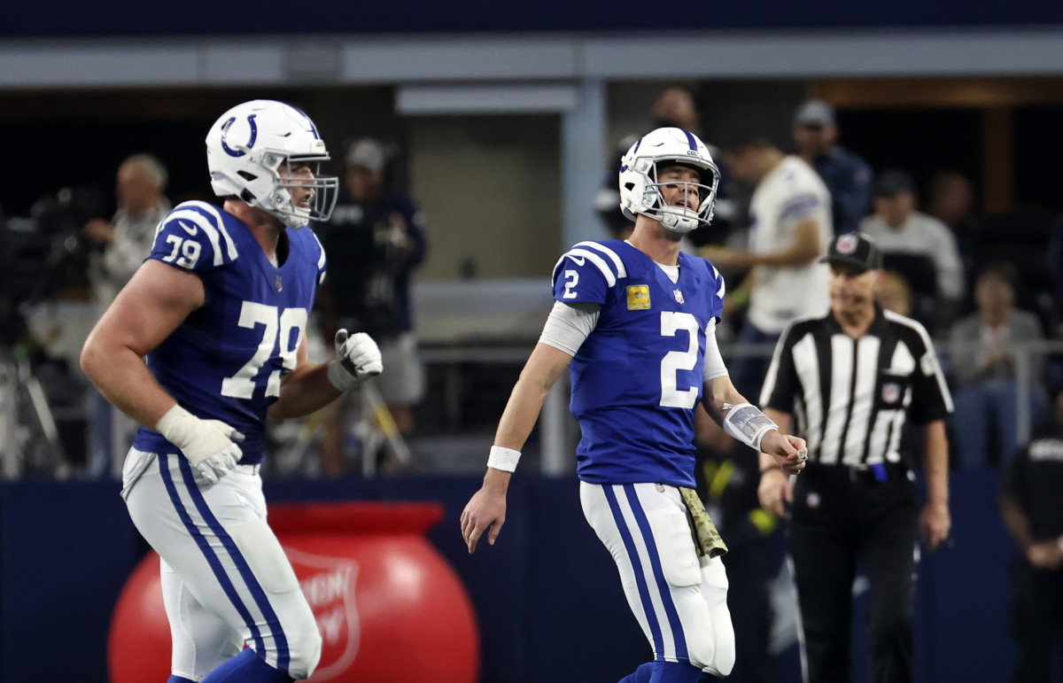 Dec 4, 2022; Arlington, Texas, USA; Indianapolis Colts quarterback Matt Ryan (2) reacts after a turnover during the second half against the Dallas Cowboys at AT&T Stadium. Mandatory Credit: Kevin Jairaj-USA TODAY Sports