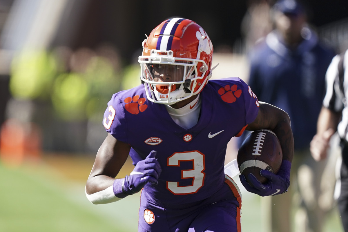 Clemson wide receiver Dacari Collins (3) in the first half of an NCAA college football game, Saturday, Nov. 13, 2021, in Clemson, S.C. (AP Photo/Brynn Anderson)