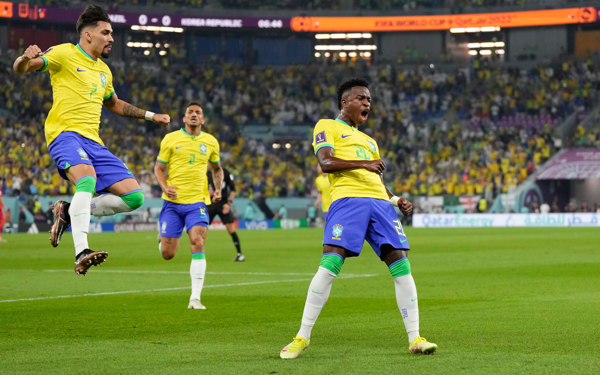 Brazil star Vinicius celebrates his goal vs. South Korea