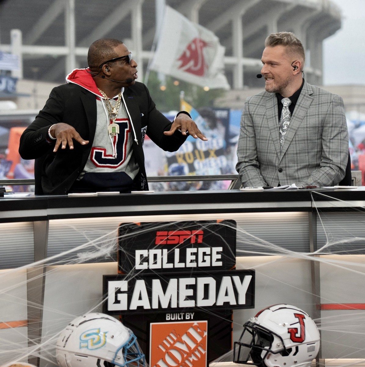 Coach Prime talks with Pat McAfee during a recent ESPN College Game Day