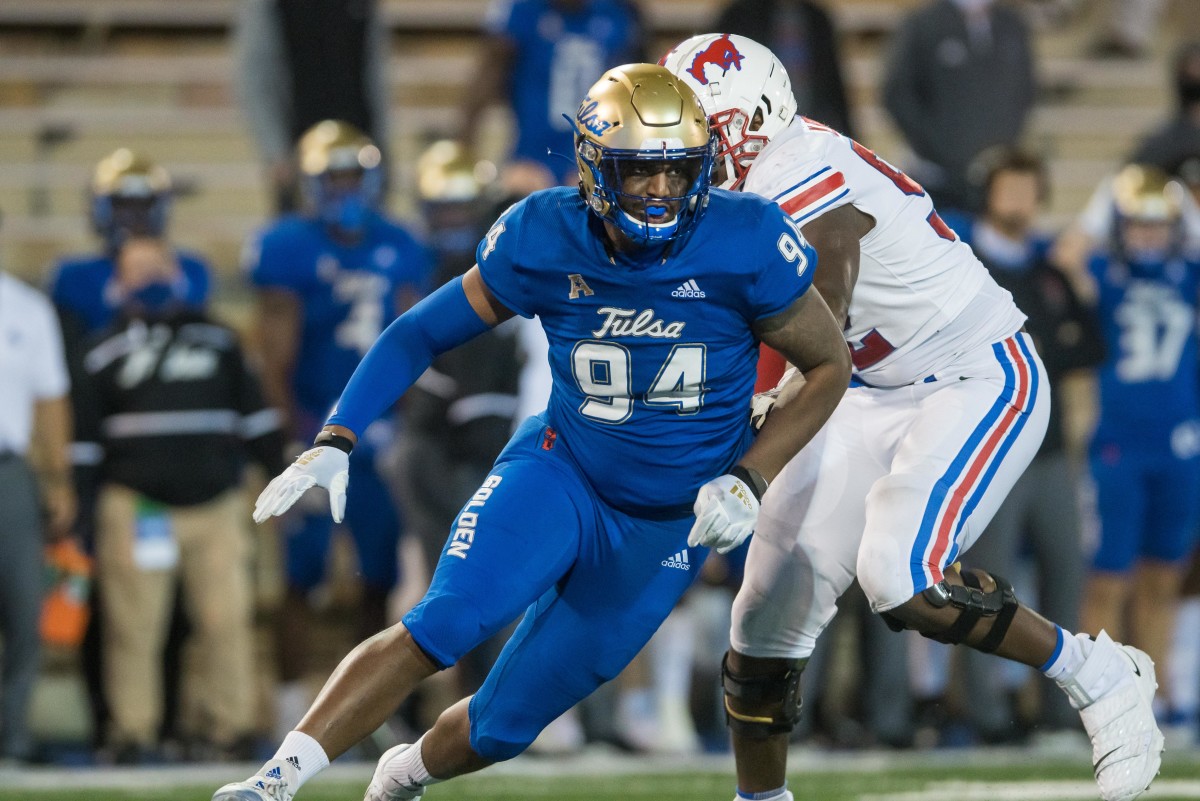 Nov 14, 2020; Tulsa, Oklahoma, USA; Tulsa Golden Hurricane defensive lineman Anthony Goodlow (94) rushes in during the fourth quarter of the game against the Southern Methodist Mustangs at Skelly Field at H.A. Chapman Stadium. TU won the game 28-24. Mandatory Credit: Brett Rojo-USA TODAY Sports