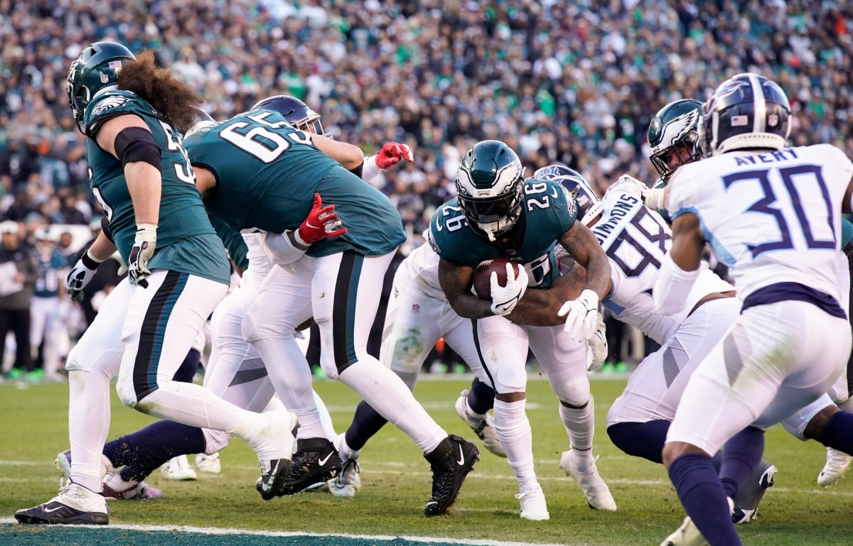 Philadelphia Eagles running back Miles Sanders (26) scores a touchdown during the fourth quarter at Lincoln Financial Field Sunday, Dec. 4, 2022, in Philadelphia, Pa.