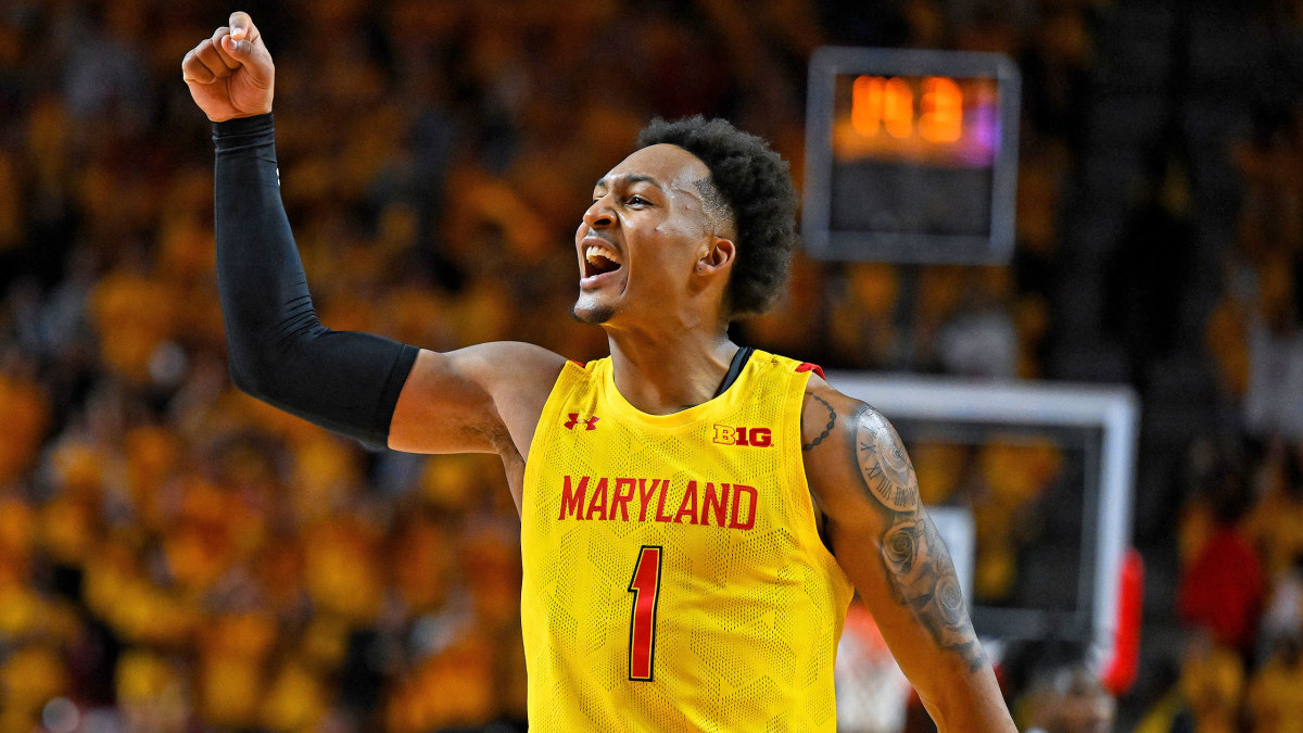 Maryland’s Jahmir Young reacts to a made three-pointer