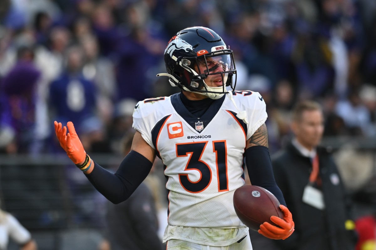Denver Broncos safety Justin Simmons (31) after intercepting a pass in the end zone during the second half against the Baltimore Ravens at M&T Bank Stadium.