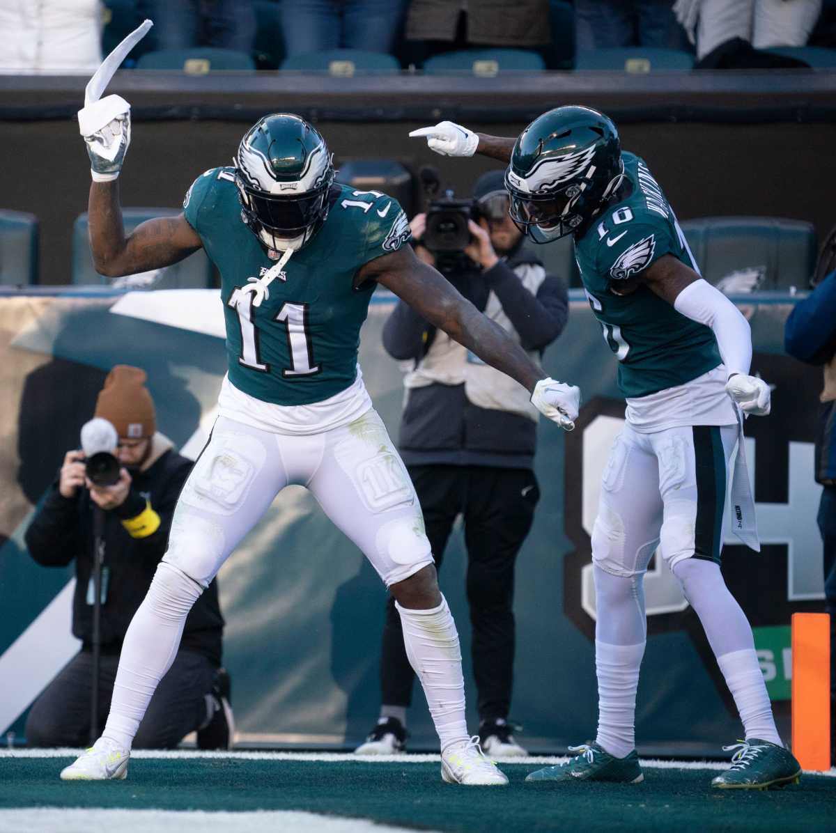 Philadelphia Eagles' A.J. Brown, second from right, celebrates his touchdown with teammates during the second half of an NFL football game against the Tennessee Titans, Sunday, Dec. 4, 2022, in Philadelphia.