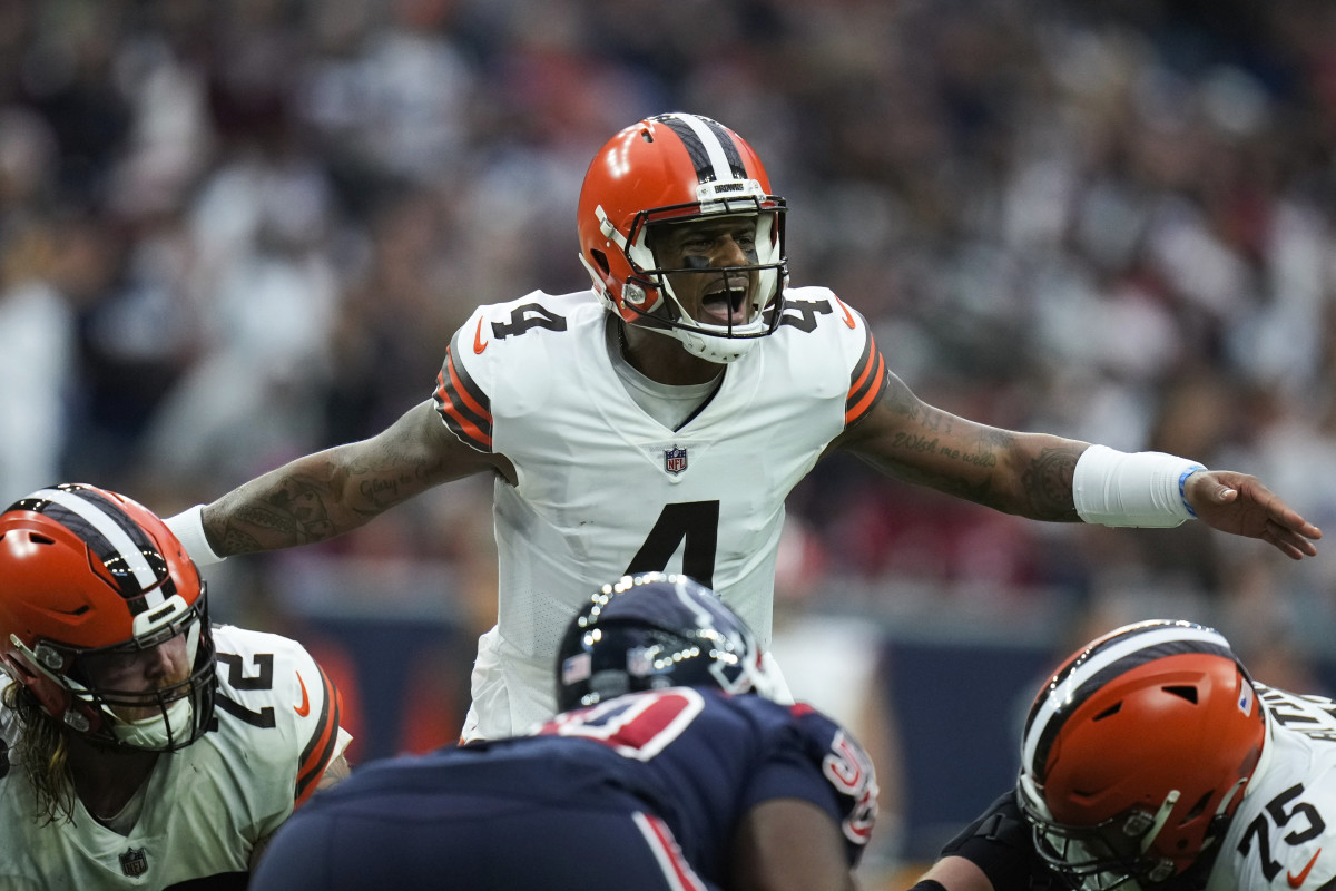 Cleveland Browns quarterback Deshaun Watson (4) calls a play at the line during the first half of an NFL football game between the Cleveland Browns and Houston Texans in Houston, Sunday, Dec. 4, 2022.