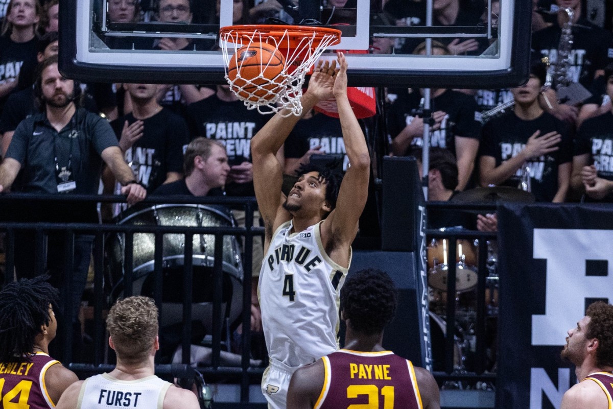 Dec 4, 2022; West Lafayette, Indiana, USA; Purdue Boilermakers forward Trey Kaufman-Renn (4) shoots the ball in the first half against the Minnesota Golden Gophers at Mackey Arena.