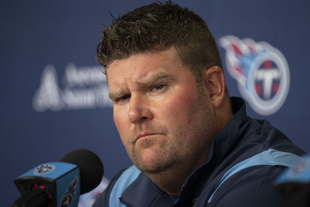 Tennessee Titans general manager Jon Robinson responds to questions from the media about the start of training camp during a press conference at Saint Thomas Sports Park.