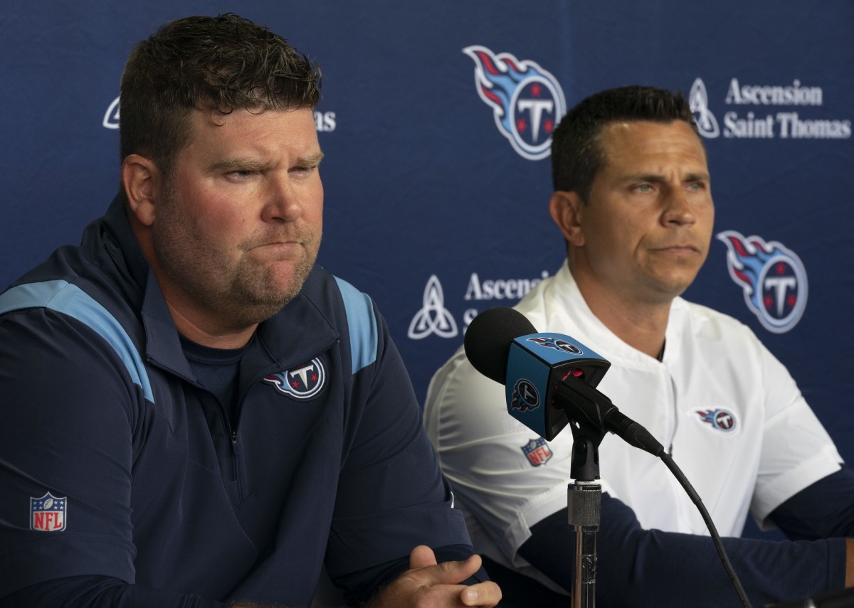 Tennessee Titans general manager Jon Robinson (left) and vice president of player personnel Ryan Cowden (right) respond to questions from the media about the start of training camp during a press conference at Saint Thomas Sports Park.