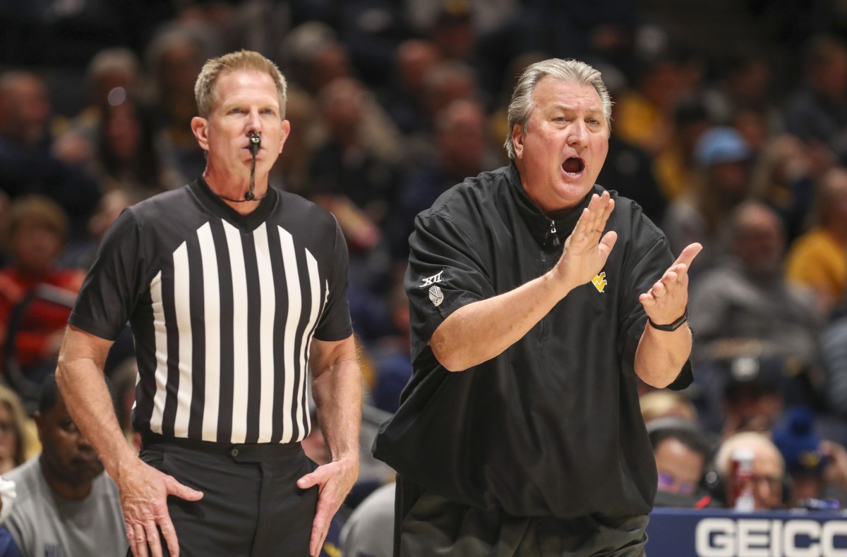 Nov 18, 2022; Morgantown, West Virginia, USA; West Virginia Mountaineers head coach Bob Huggins yells from the sidelines during the first half against the Pennsylvania Quakers at WVU Coliseum.