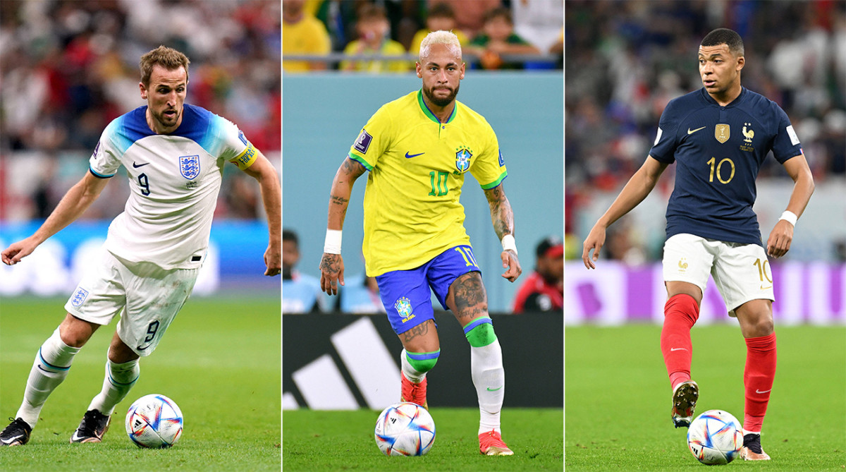 England’s Harry Kane, Brazil’s Neymar and France’s Kylian Mbappé at the World Cup.