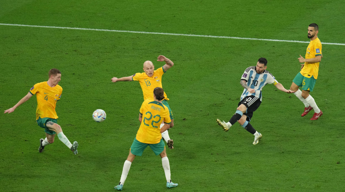 Argentina’s Lionel Messi scores a goal vs. Australia at the World Cup.