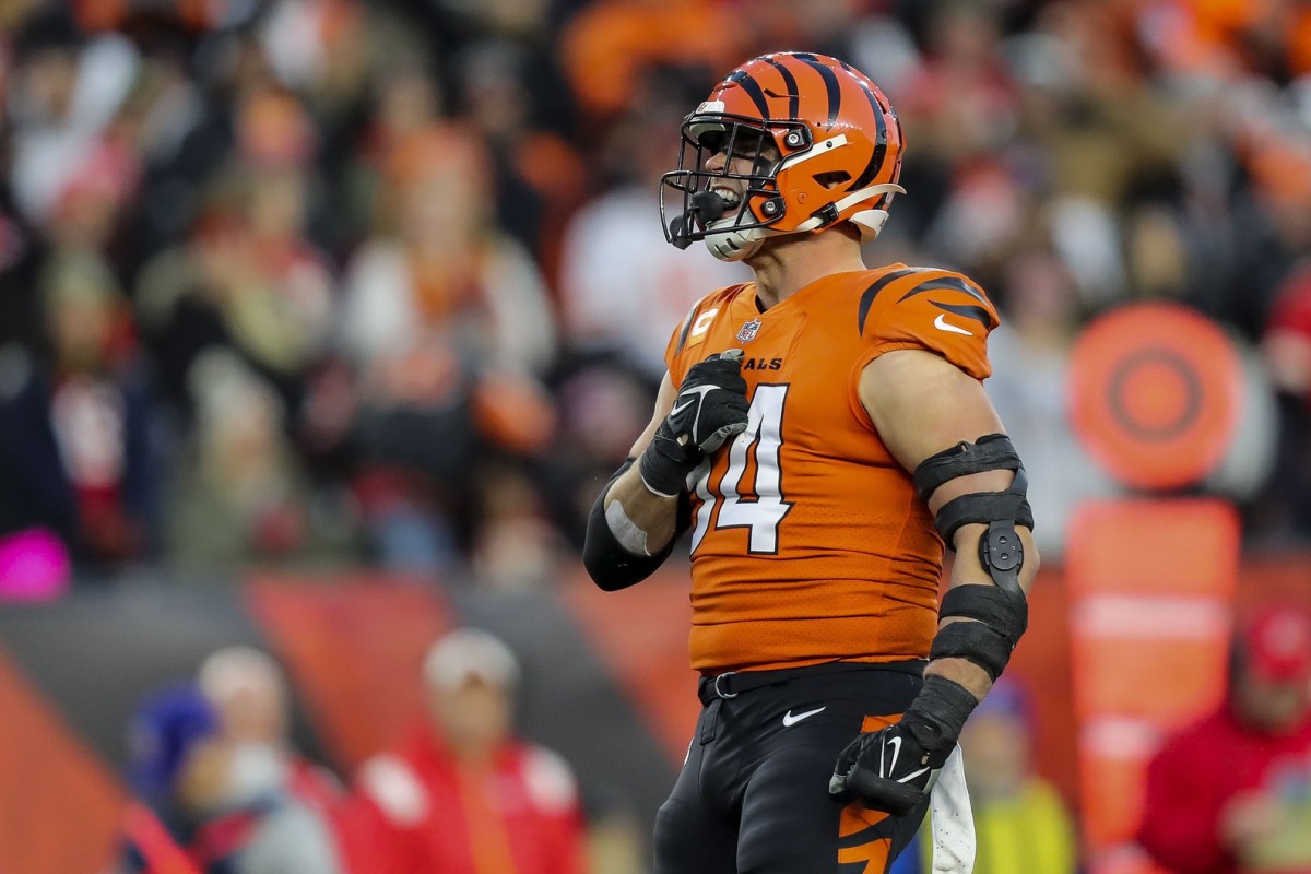 Dec 4, 2022; Cincinnati, Ohio, USA; Cincinnati Bengals defensive end Sam Hubbard (94) reacts after sacking Kansas City Chiefs quarterback Patrick Mahomes (not pictured) in the first half at Paycor Stadium. Mandatory Credit: Katie Stratman-USA TODAY Sports