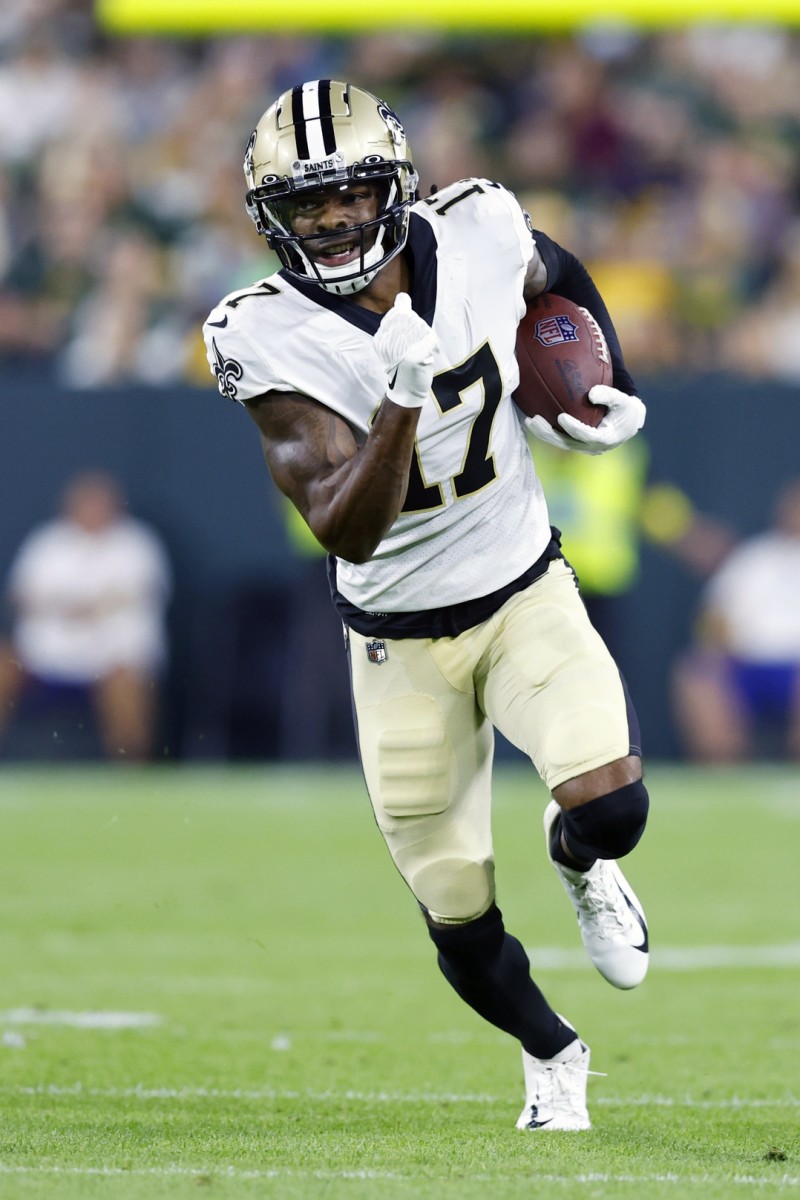 Aug 19, 2022; New Orleans Saints receiver Kevin White (17) after catching a pass during the second quarter against the Green Bay Packers. Mandatory Credit: Jeff Hanisch-USA TODAY