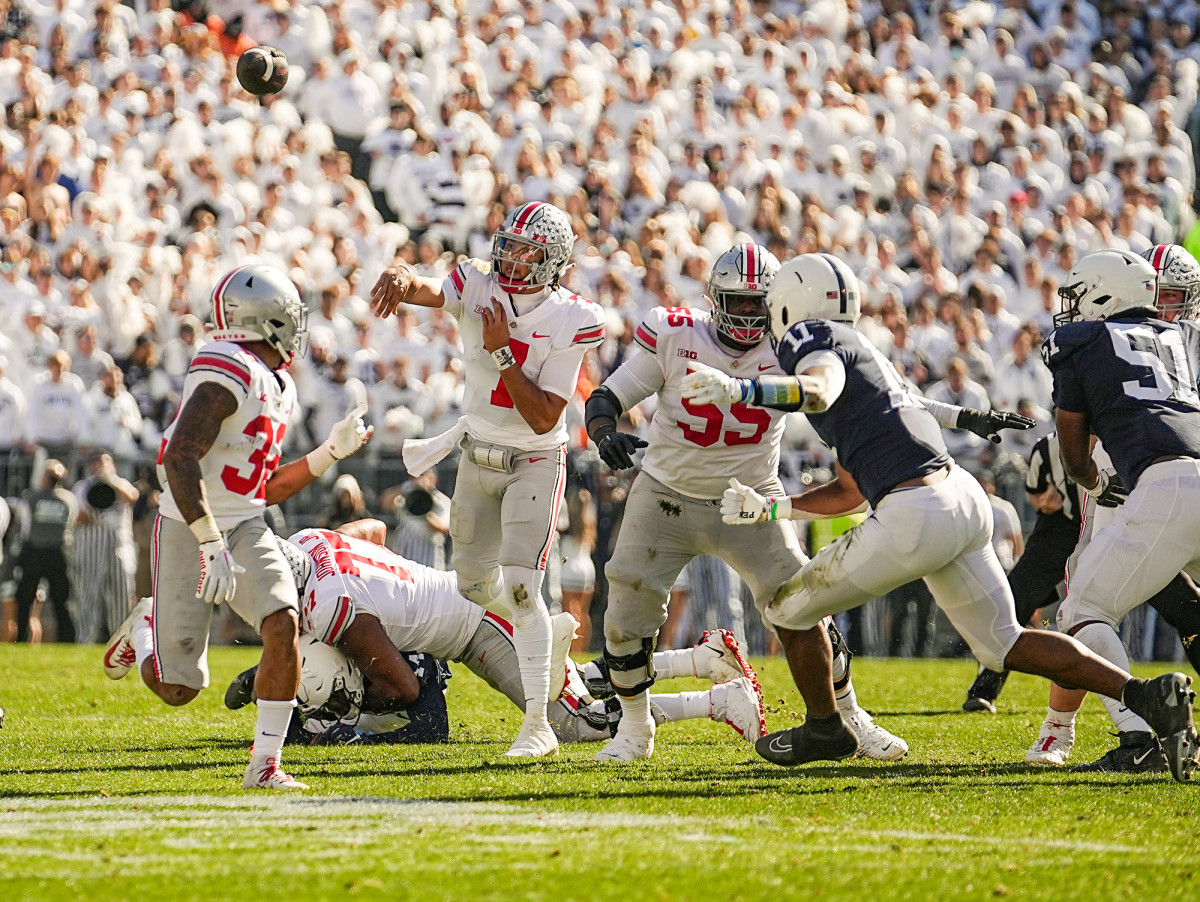C.J. Stroud throws a pass upfield for Ohio State.
