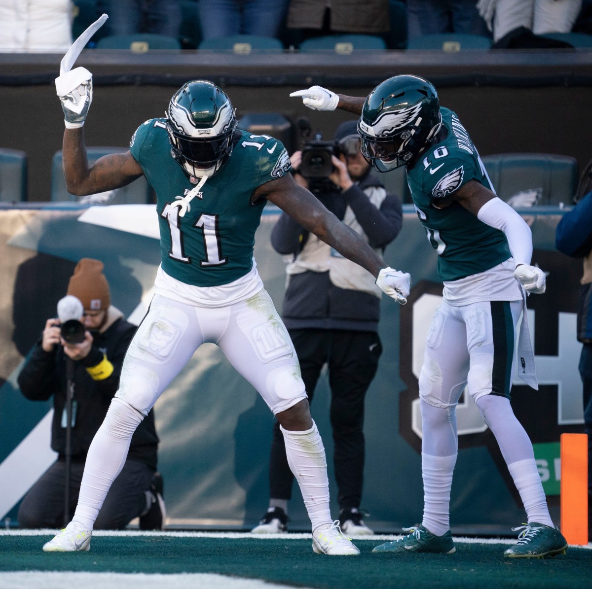 Philadelphia Eagles wide receiver A.J. Brown (11) celebrates his touchdown against the Tennessee Titans with wide receiver Quez Watkins (16) during the third quarter at Lincoln Financial Field Sunday, Dec. 4, 2022, in Philadelphia, Pa.