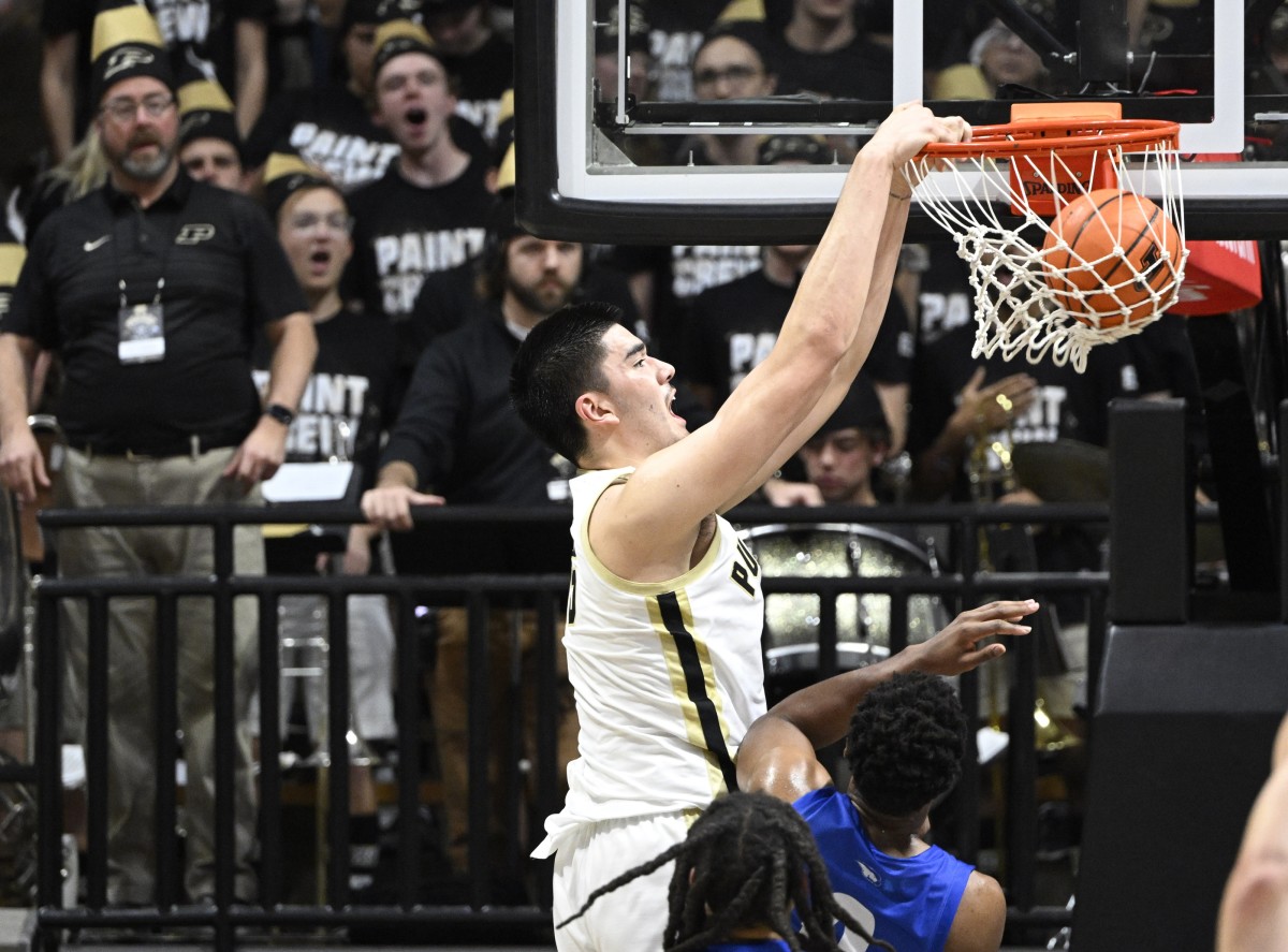 Dec 7, 2022; West Lafayette, Indiana, USA; Purdue Boilermakers center Zach Edey (15) dunks the ball during the first half of the game against the Hofstra Pride at Mackey Arena.