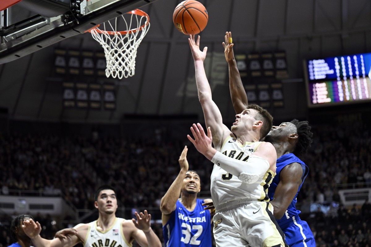 Dec 7, 2022; West Lafayette, Indiana, USA; Purdue Boilermakers guard Braden Smith (3) shoots the ball during the second half against the Hofstra Pride at Mackey Arena. The Boilermakers beat the Pride, 85-66.