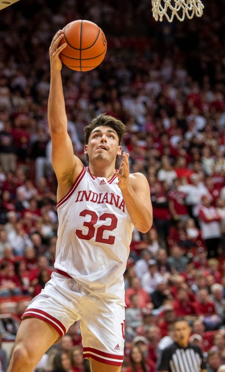 Indiana guard Trey Galloway (32) shoots against Nebraska on Wednesday. He made 7-of-10 shots, including four three-pointers, and had a career-high 20 points. (Trevor Ruszkowski-USA TODAY Sports)