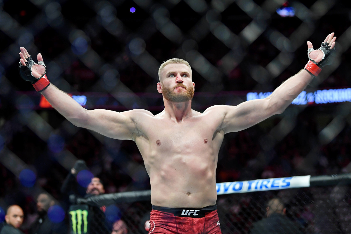 Jan Blachowicz (red gloves) after his win against Luke Rockhold (not pictured) at T-Mobile Arena.