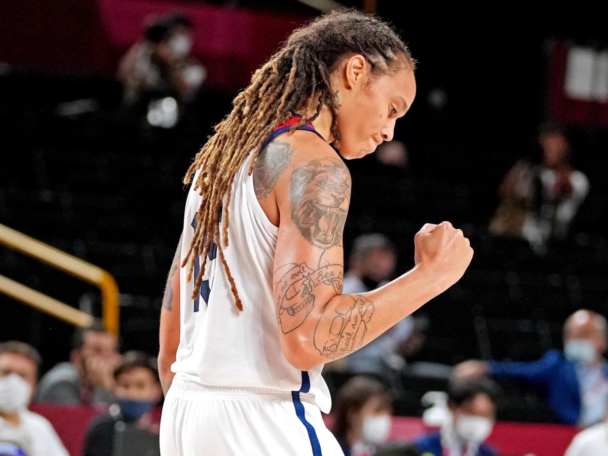 U.S. player Brittney Griner celebrates against Japan in the women’s basketball gold medal match during the Tokyo 2020 Olympics.