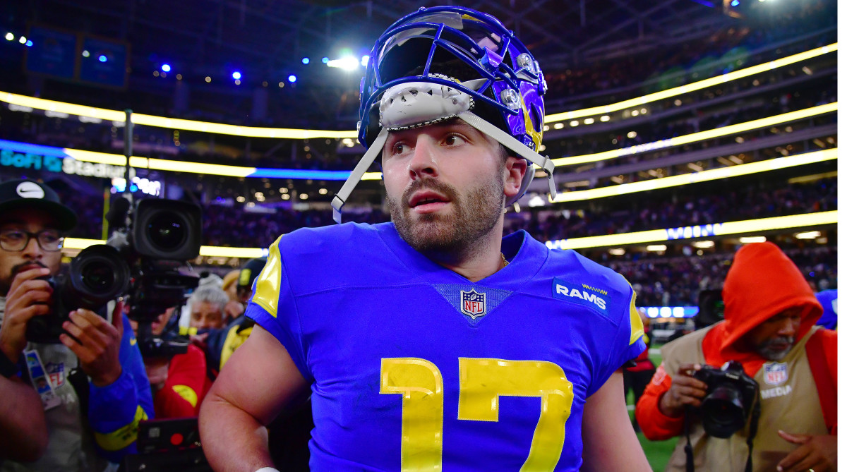 Rams QB Baker Mayfield walks off the field after a win vs. the Raiders.