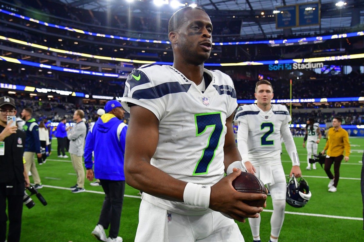 Dec 4, 2022; Inglewood, California, USA; Seattle Seahawks quarterback Geno Smith (7) reacts following the victory against the Los Angeles Rams at SoFi Stadium.