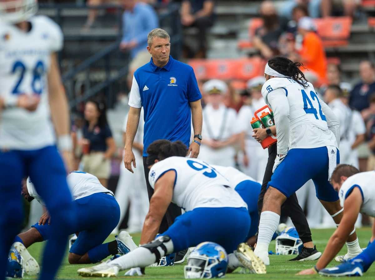 San Jose State Spartans head coach Brent Brennan during warm ups as Auburn Tigers take on San Jose State Spartans at Jordan-Hare Stadium