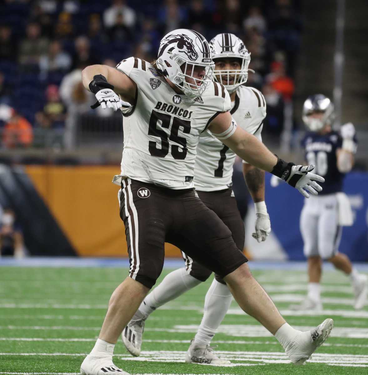 Western Michigan defensive lineman Braden Fiske celebrates his sack on Nevada quarterback Nate Cox during the first half of the Quick Lane Bowl on Monday, Dec. 27, 2021, at Ford Field. Quick Lane