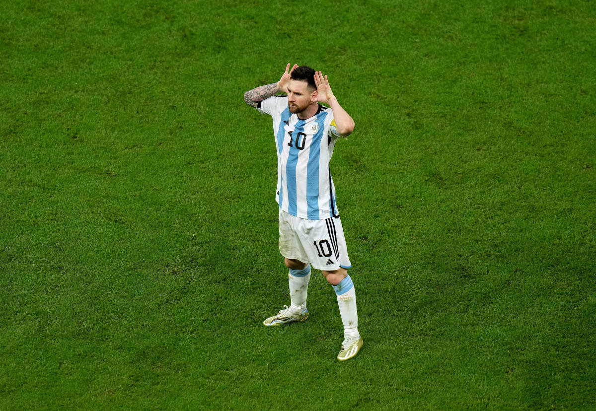 Lionel Messi pictured celebrating after scoring in Argentina's game against Holland at the 2022 FIFA World Cup
