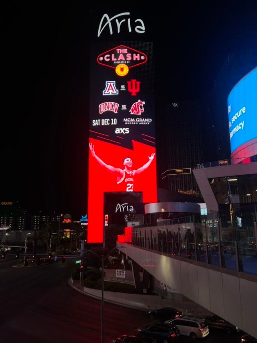 The Aria Resort main signage was all aglow with Trayce Jackson-Davis ahead of Indiana's matchup with Arizona on Saturday.