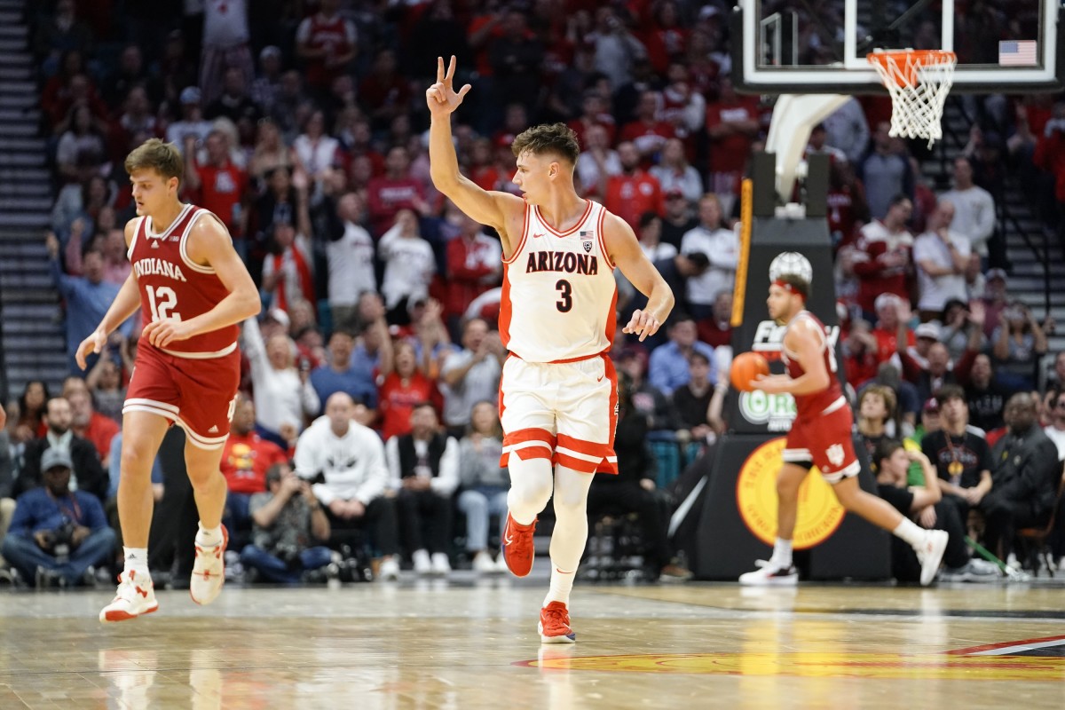 Arizona Wildcats guard Pelle Larsson (3) reacts after a three point score against the Indiana Hoosiers during the second half at MGM Grand Garden Arena.