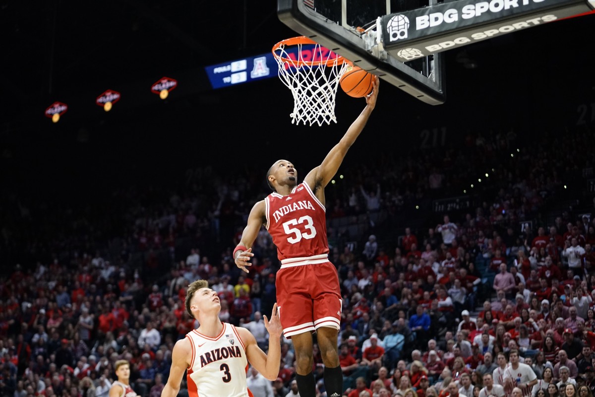 Indiana Hoosiers guard Tamar Bates (53) scores a layup against Arizona Wildcats guard Pelle Larsson (3) during the second half at MGM Grand Garden Arena.