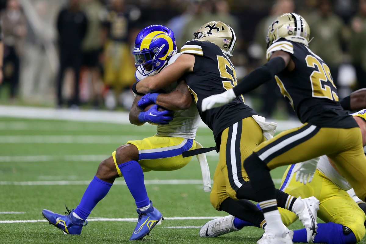 Rams running back Cam Akers (3) is stuffed by New Orleans Saints linebacker Kaden Elliss (55). Mandatory Credit: Chuck Cook-USA TODAY Sports