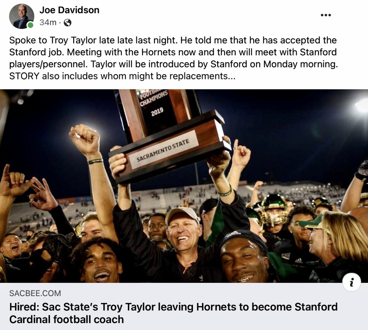 Troy Taylor has reportedly accepted the Stanford coaching job.