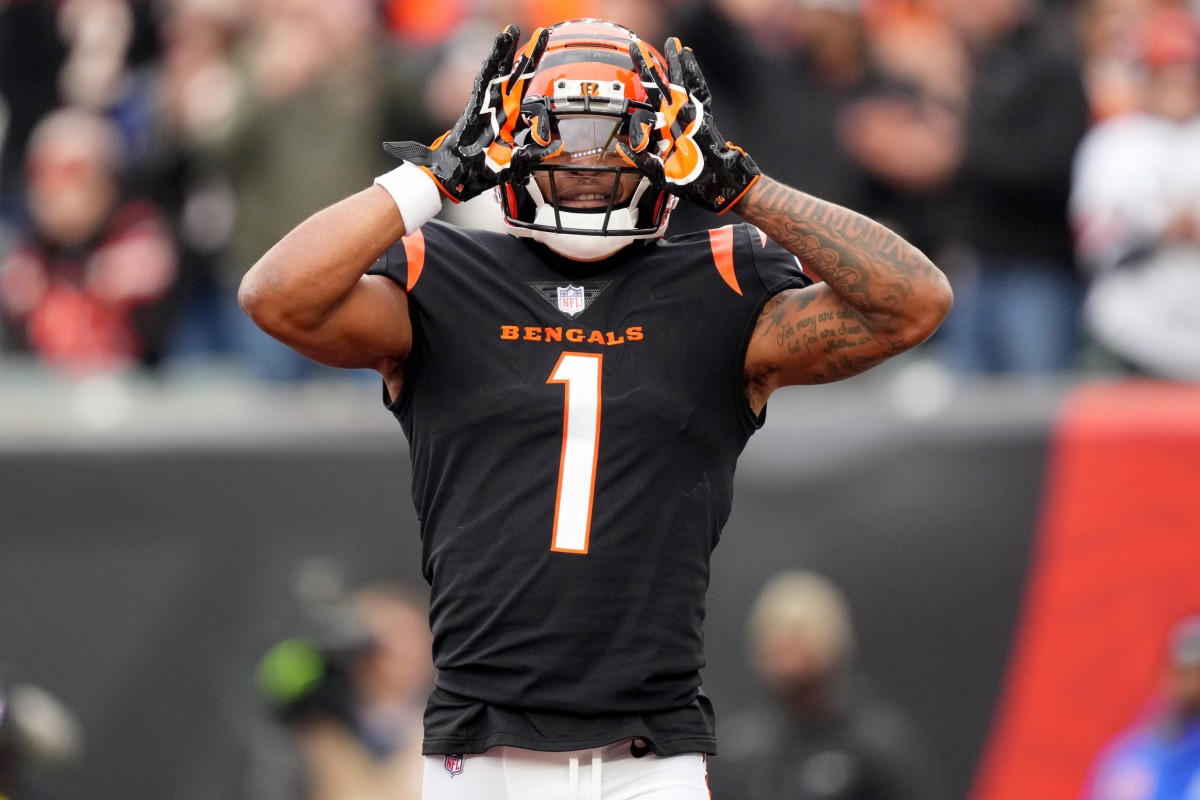 Dec 11, 2022; Cincinnati, Ohio, USA; Cincinnati Bengals wide receiver Ja'Marr Chase (1) celebrates a touchdown catch in the second quarter during a Week 14 NFL game against the Cleveland Browns at Paycor Stadium. Mandatory Credit: Kareem Elgazzar-USA TODAY Sports