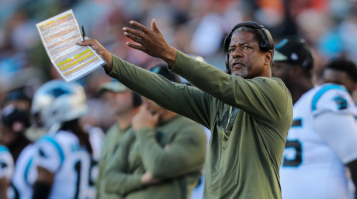 Steve Wilks gestures toward the field from the Panthers’ sideline.