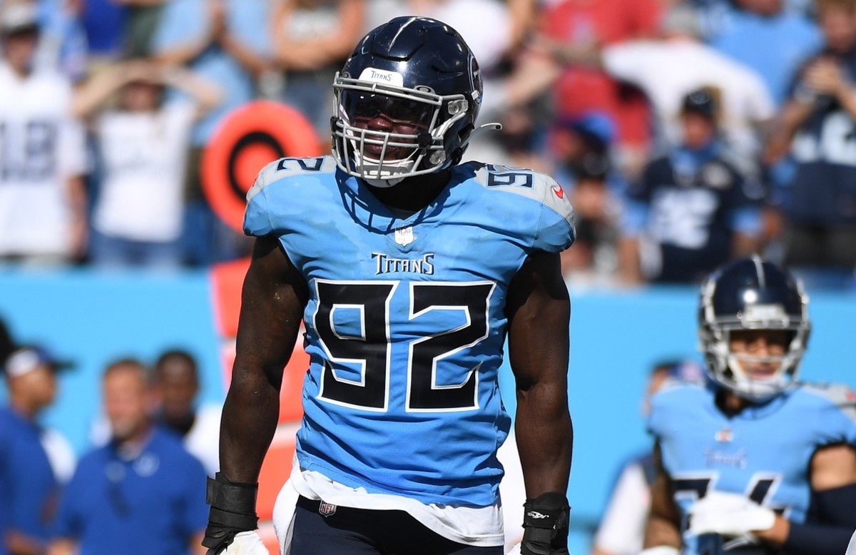 Tennessee Titans linebacker Ola Adeniyi (92) after a defensive stop during the second half against the Indianapolis Colts at Nissan Stadium.
