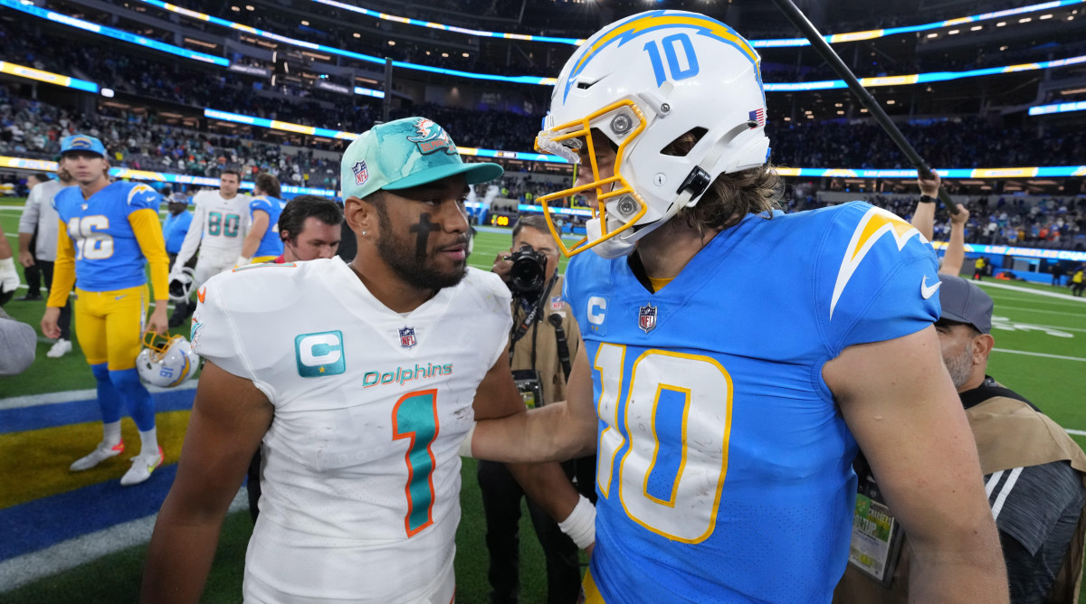 Miami Dolphins quarterback Tua Tagovailoa and Los Angeles Chargers quarterback Justin Herbert