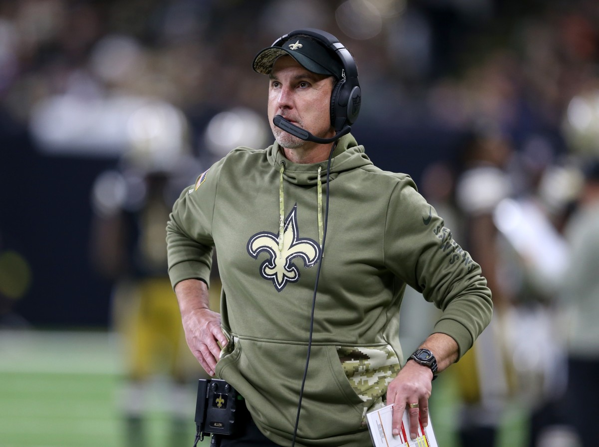 New Orleans Saints coach Dennis Allen on the sidelines in the second half against the Los Angeles Rams. Mandatory Credit: Chuck Cook-USA TODAY Sports