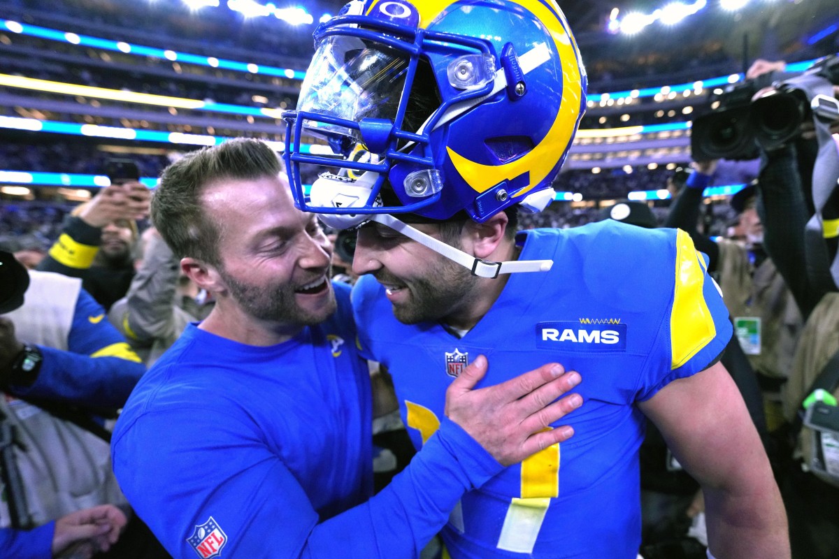 Rams coach Sean McVay celebrates with quarterback. Baker Mayfield after their amazing comeback on Thursday night in Week 14.